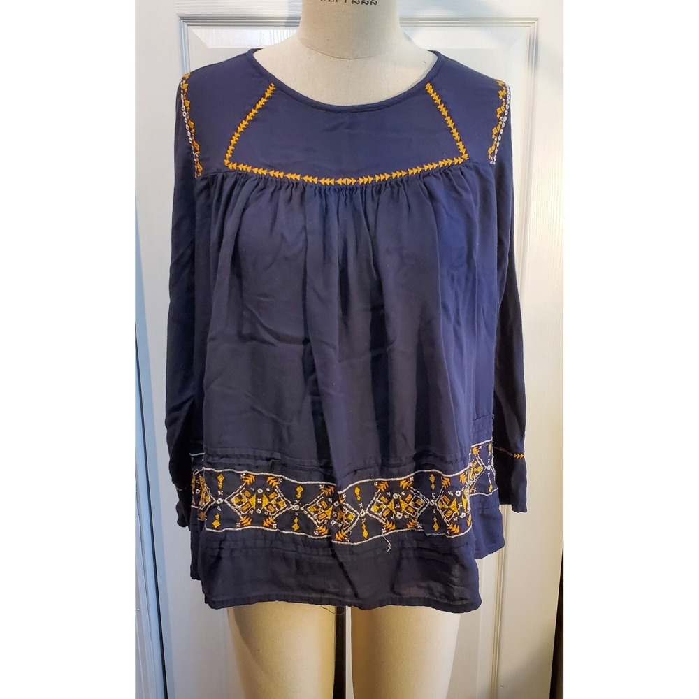 Earthbound Trading Co Boho‎ Peasant Navy Blue Metallic Embroidered Top Size S